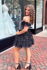 Load image into Gallery viewer, Beaded Cold-Shoulder Ruffle Homecoming Dress with Feathers
