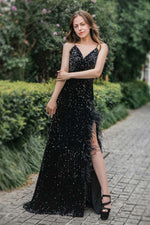 Load image into Gallery viewer, Sequin Long Side Slit Prom Dress with Feather

