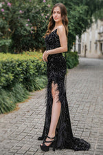 Load image into Gallery viewer, Sequin Long Side Slit Prom Dress with Feather
