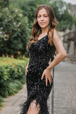 Load image into Gallery viewer, Sequin Long Side Slit Prom Dress with Feather
