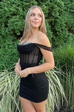 Load image into Gallery viewer, Black Sheer Corset Bodice Homecoming Dress with Beading
