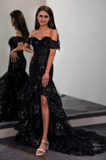 Load image into Gallery viewer, Black Slit Prom Dress with Ruffled Sequin

