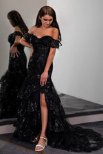 Load image into Gallery viewer, Black Slit Prom Dress with Ruffled Sequin
