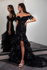 Load image into Gallery viewer, Black Slit Prom Dress with Ruffled Sequin
