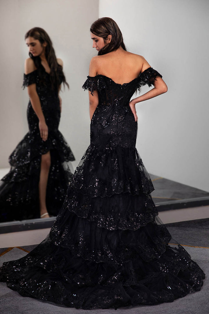 Black Slit Prom Dress with Ruffled Sequin