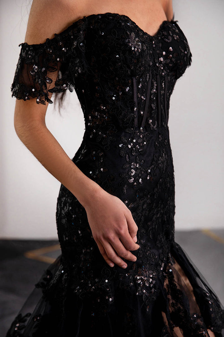 Black Slit Prom Dress with Ruffled Sequin