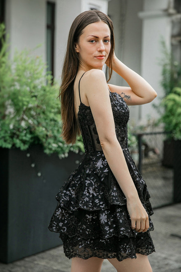 Ruffle Tiered Homecoming Dress with Sequin