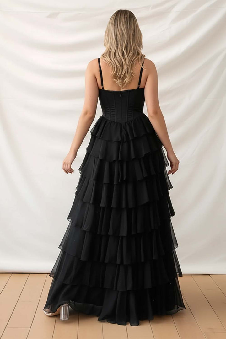 Corset Black Ruffle Prom Dress with Slit