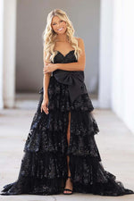 Load image into Gallery viewer, Strapless Corset Ruffle Sequin Prom Dress with Bow
