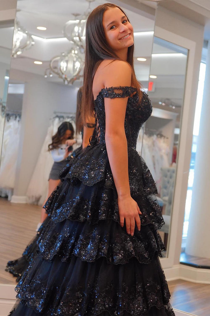 Ruffle Black Senior Prom Dress