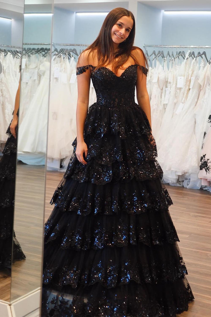 Ruffle Black Senior Prom Dress