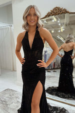 Load image into Gallery viewer, Black Lace Halter Prom Dress with Slit
