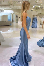 Load image into Gallery viewer, Fitted Blue Prom Dress with Appliques
