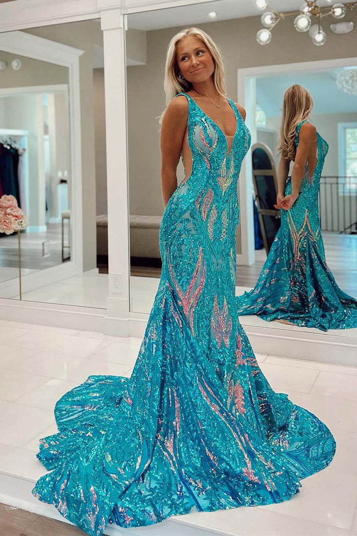 Gorgeous Blue Sequin Prom Dress