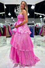 Load image into Gallery viewer, Sheer Corset Bodice Ruffle Prom Dress with Slit
