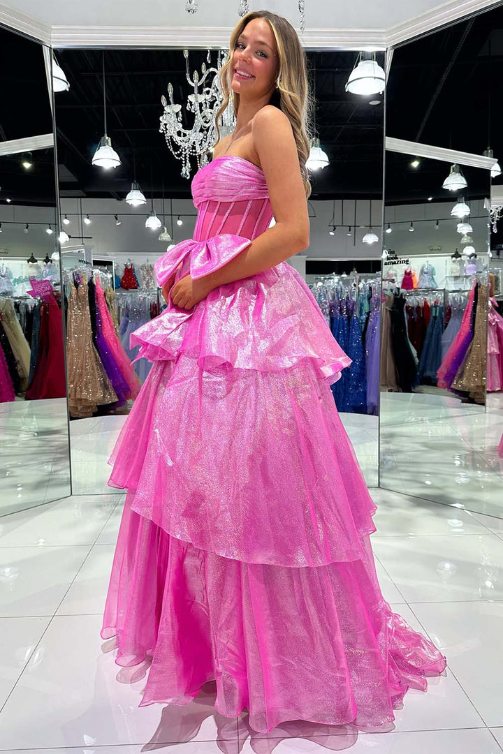 Sheer Corset Bodice Ruffle Prom Dress with Slit