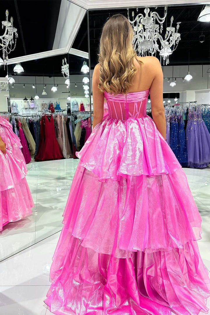 Sheer Corset Bodice Ruffle Prom Dress with Slit