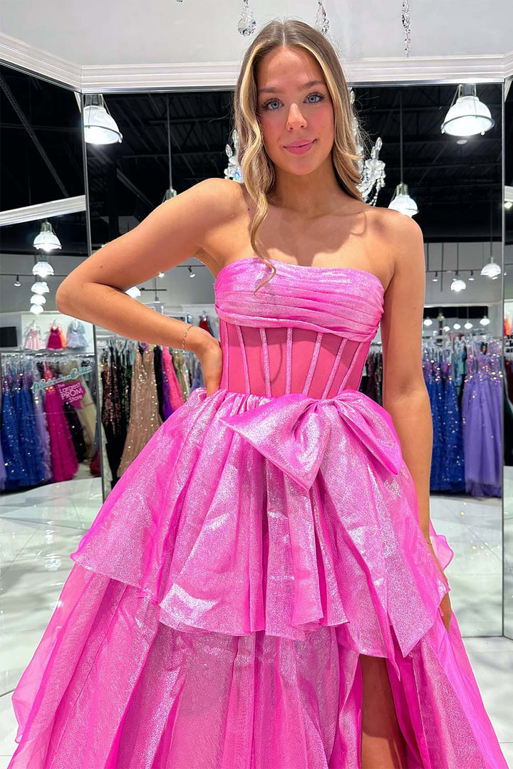 Sheer Corset Bodice Ruffle Prom Dress with Slit