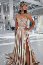 Load image into Gallery viewer, Spaghetti Strips Glitter Metallic Prom Dress with Slit
