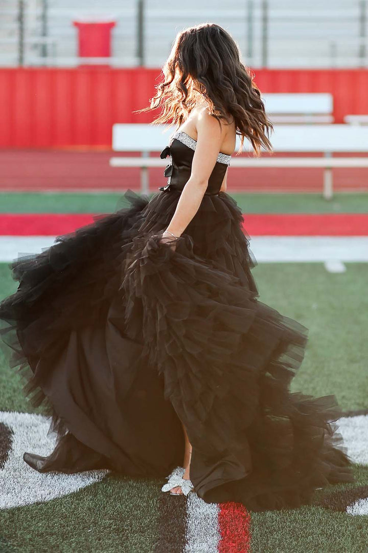 Black Strapless Tiered Prom Gown with Slit
