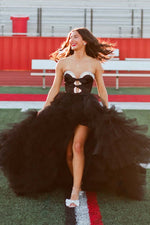 Load image into Gallery viewer, Black Strapless Tiered Prom Gown with Slit
