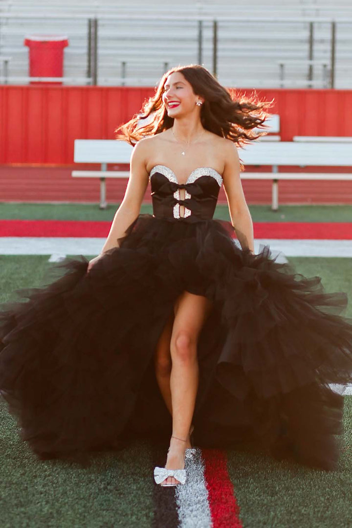 Black Strapless Tiered Prom Gown with Slit