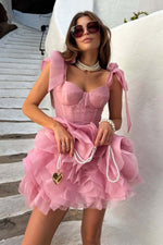 Load image into Gallery viewer, Cute Hot Pink Homecoming Dress with Tiered Skirt

