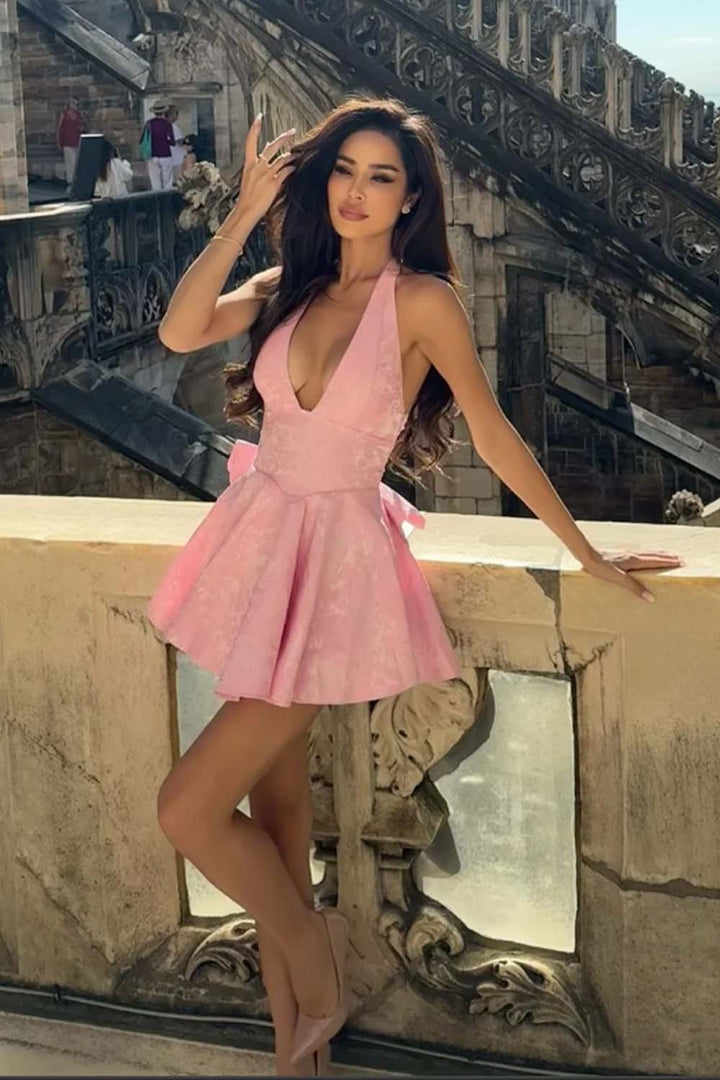 Deep V-neck Short Floral Homecoming Dress