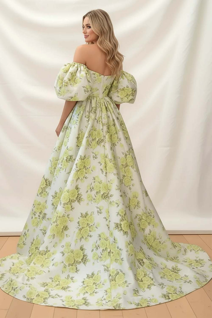 Off the Shoulder Floral Prom Dress with Sleeves