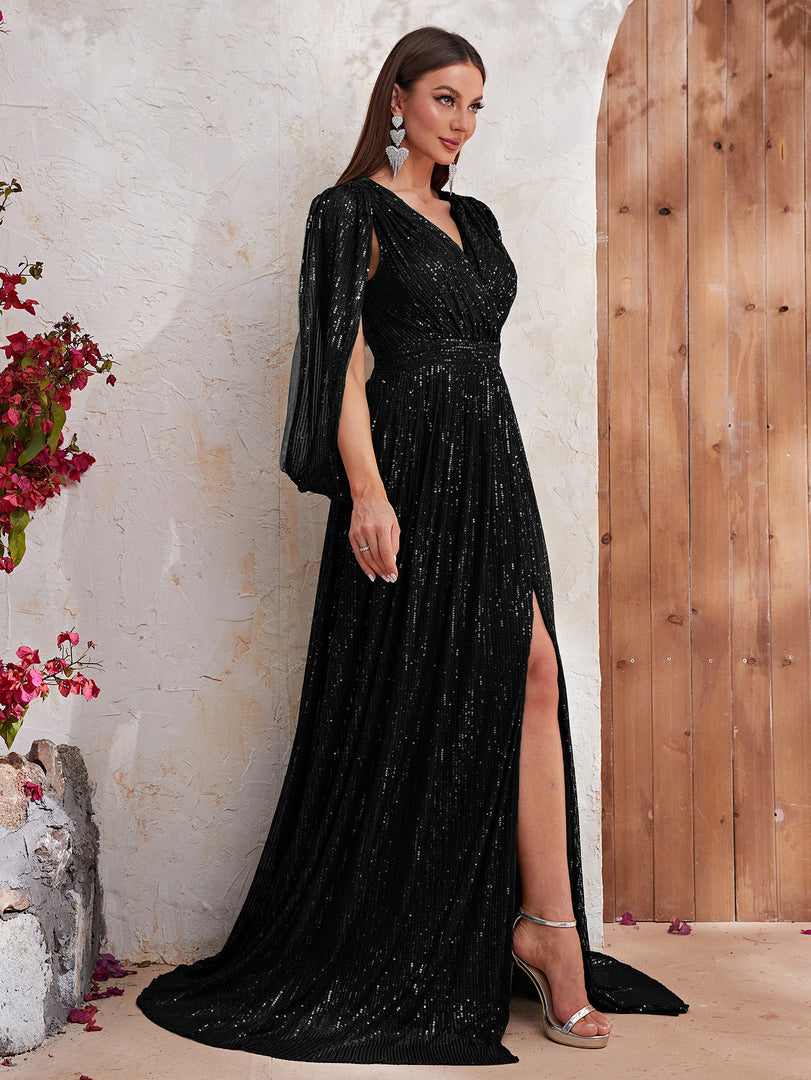 Shawl Sequin Slit Formal Dress