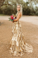 Load image into Gallery viewer, Sweetheart Long Gold Ruffle Prom Dress
