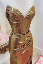 Load image into Gallery viewer, Strapless Gold Metallic Corset Prom Dress
