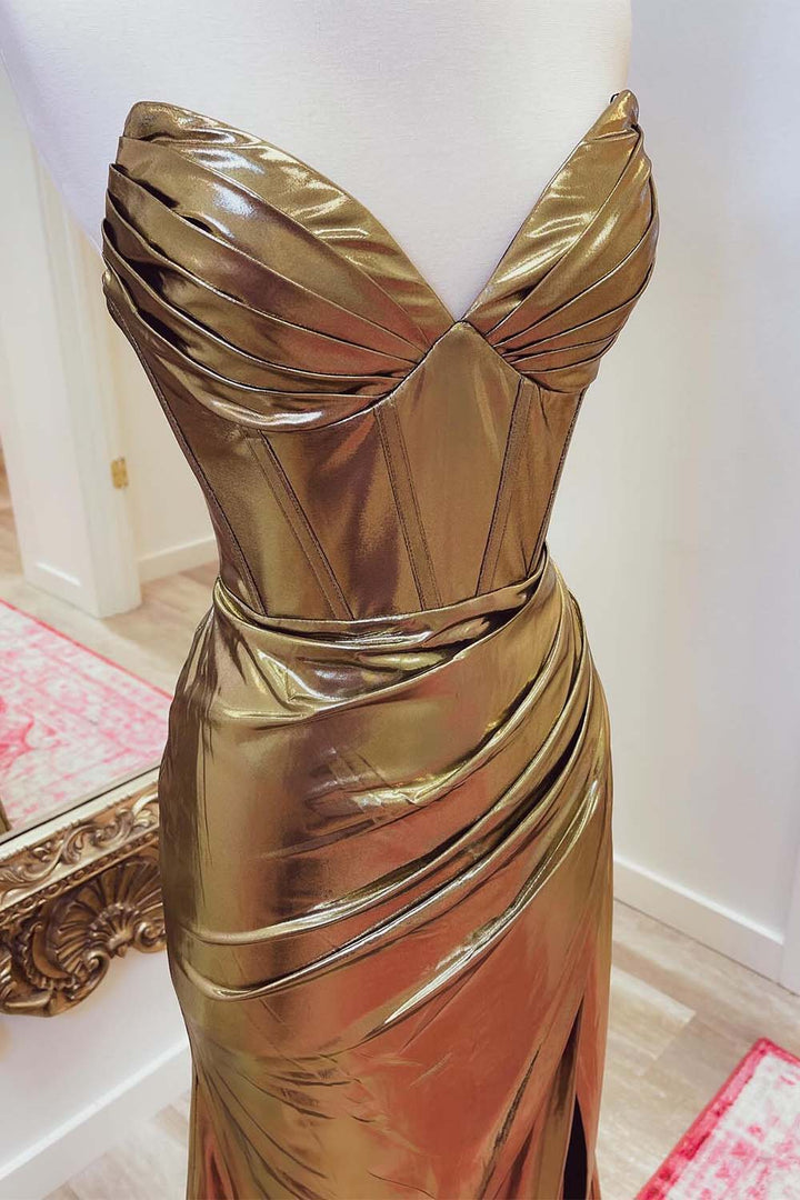 Strapless Gold Metallic Corset Prom Dress