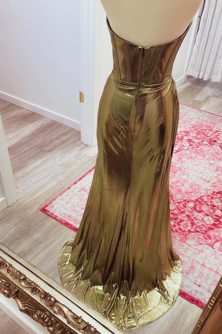 Strapless Gold Metallic Corset Prom Dress