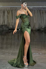 Load image into Gallery viewer, Dark Green Off the Shoulder Prom Dress with Beads
