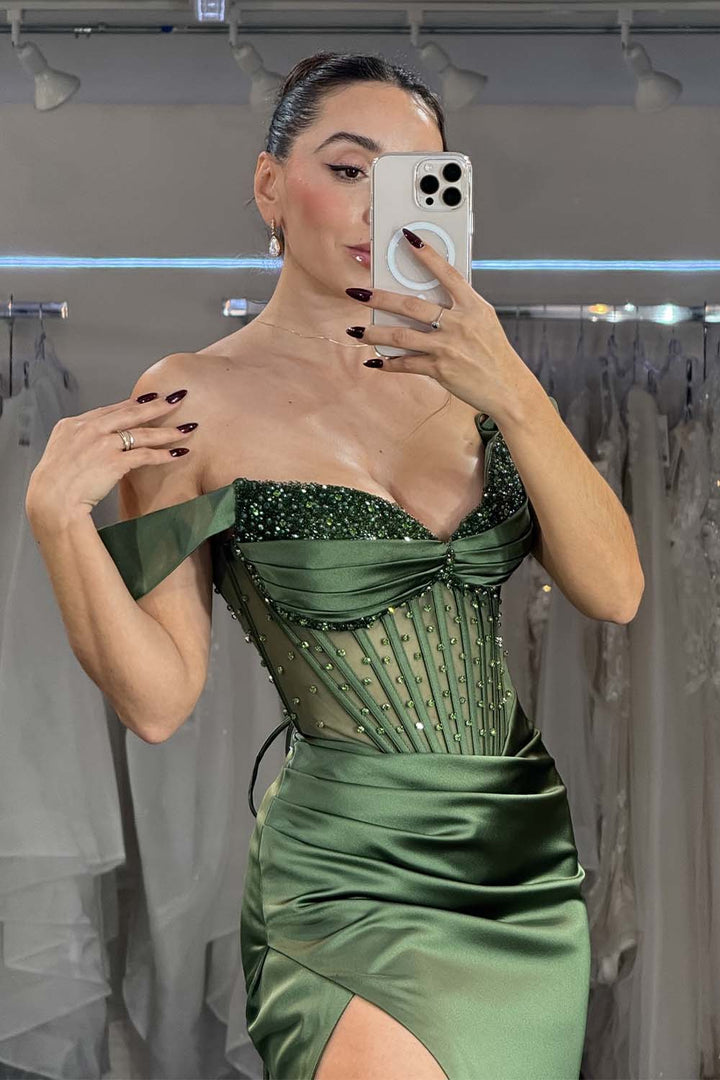 Dark Green Off the Shoulder Prom Dress with Beads