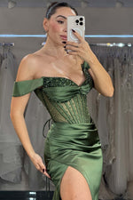 Load image into Gallery viewer, Dark Green Off the Shoulder Prom Dress with Beads
