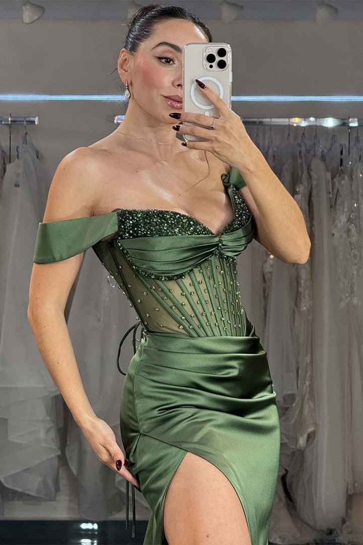 Dark Green Off the Shoulder Prom Dress with Beads