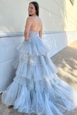 Load image into Gallery viewer, Halter Tulle Ruffle Sheer Corset Bodice Prom Dress
