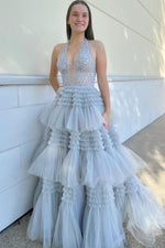 Load image into Gallery viewer, Halter Tulle Ruffle Sheer Corset Bodice Prom Dress
