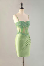 Load image into Gallery viewer, Fitted Green Sheer Corset Bodice Beaded Homecoming Dress
