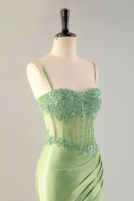 Load image into Gallery viewer, Fitted Green Sheer Corset Bodice Beaded Homecoming Dress
