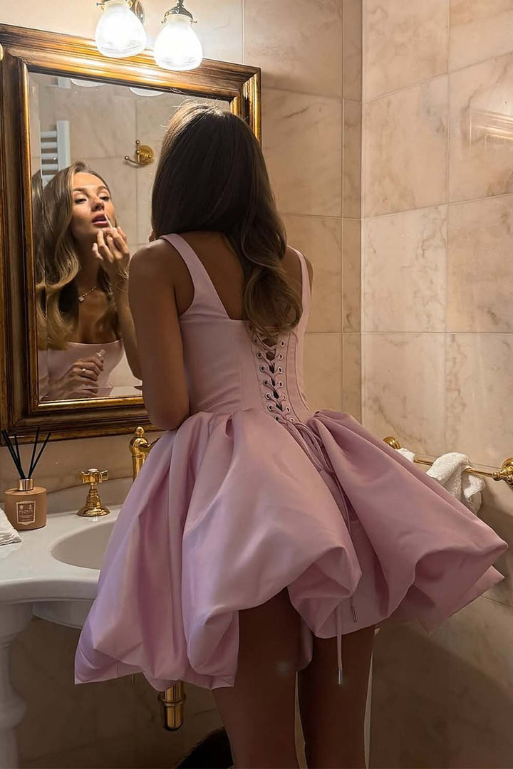 Pink Square Neck Homecoming Dress