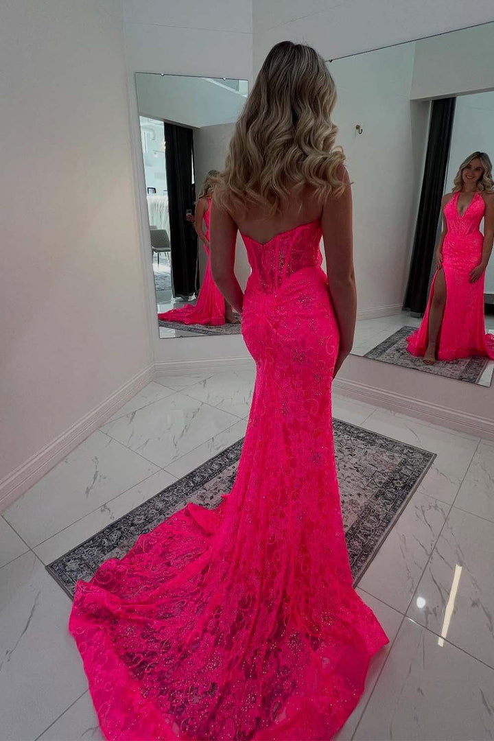 Hot Pink Lace Halter Prom Dress with Slit