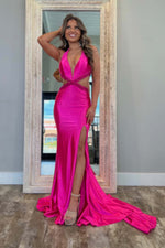 Load image into Gallery viewer, Fitted Cutout Hot Pink Plunging Prom Dress
