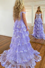 Load image into Gallery viewer, Lavender Ruffle Prom Dress with Slit
