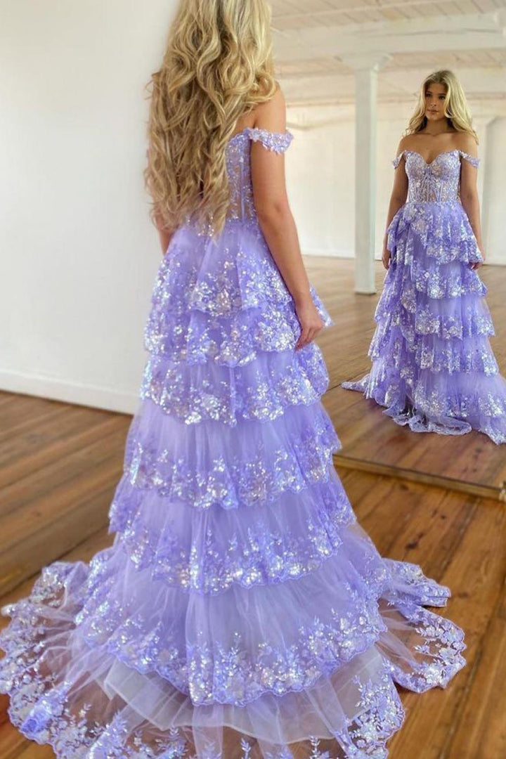 Lavender Ruffle Prom Dress with Slit