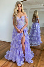 Load image into Gallery viewer, Lavender Ruffle Prom Dress with Slit
