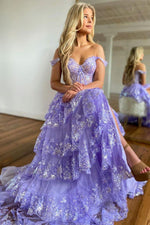Load image into Gallery viewer, Lavender Ruffle Prom Dress with Slit

