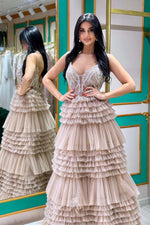 Load image into Gallery viewer, Light Grey Tiered Prom Gown with Beads
